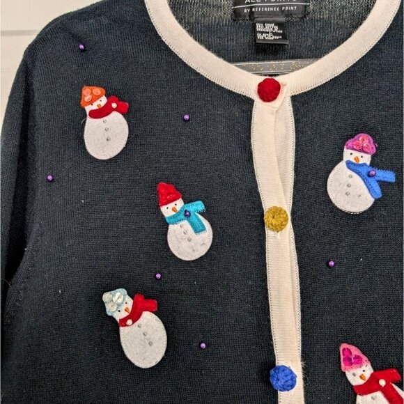 All Points Snowman Cardigan Womens Size Large Black Beaded Christmas Winter - Picture 2 of 13